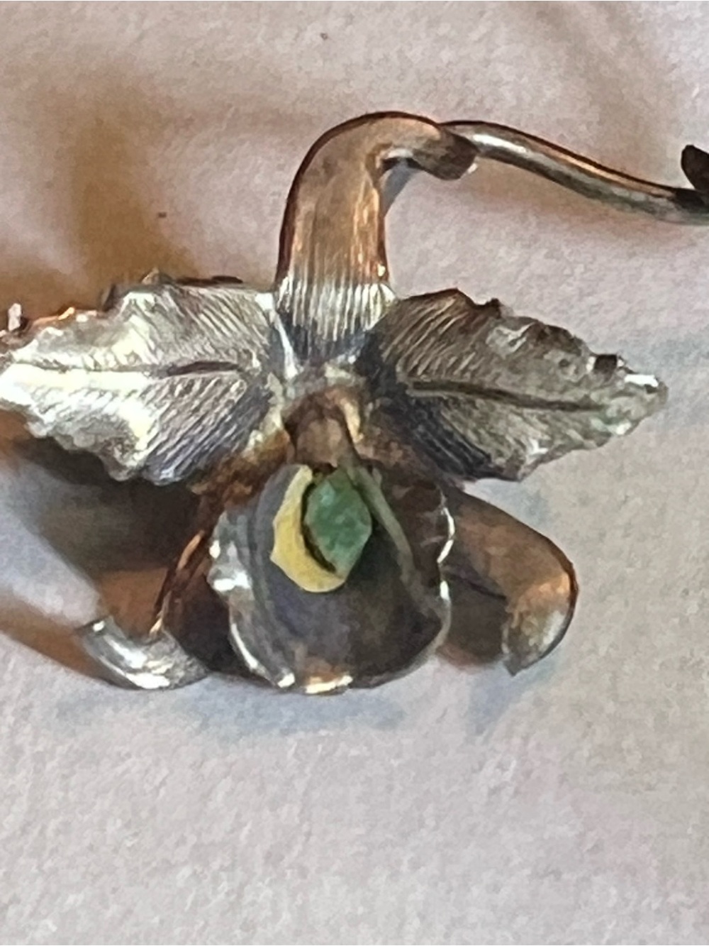 Sterling Silver Floral Orchid Brooch with Green Accent